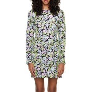STINE‎ GOYA Black Lecce Mini Dress Long Sleeve Floral Relief Jacquard
